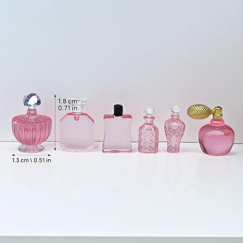 1/12 Scale Miniature Cosmetic Set: 6 Realistic Perfume Bottles for Dollhouse Bathroom & Crafts (Pink)