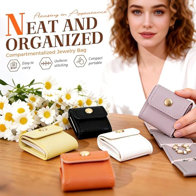 Leather Mini Travel Jewelry Bag, Portable Foldable Mini Travel Jewelry Roll Bag with Buckle, Small Jewelry Box for Travel Essentials, Earrings, Rings, Necklaces (3, Light Yellow)