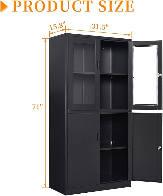 Black Metal Storage Cabinet with Glass Doors, 71" Locking Glass Door Cabinet with 2 Adjustable Shelves, Steel Storage Cabinet with 4 Doors for Home, Living Room, Bathroom