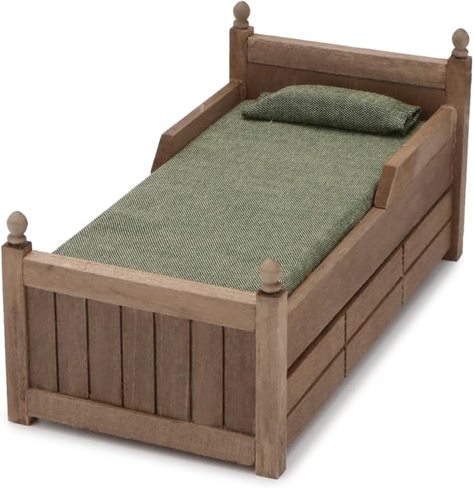 Dollhouse Miniature Bed with Drawer 1:12 Wooden Furniture European Bedroom Bedding Furniture Accessories with Pillow & Mattresses Vintage Floral Fabric Mini House Decoration (Brown)