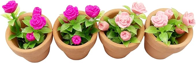 4 Pieces Mini Dollhouse Potted Plant Flower Model 1:12 Miniature Scene Bonsai Plant Set Accessories Micro Landscape Decoration (Rose+Pink)