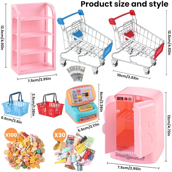 143pcs Mini Shopping Cart Basket Miniature Food Drink Bottle Toys, Supermarket Shelve Metal Handcart Cash Register for Dollhouse Store AccessoryPretend Play Cosplay Game Kids Party Favor