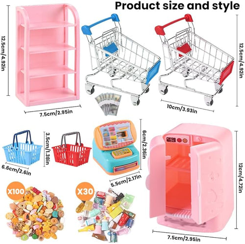 143pcs Mini Shopping Cart Basket Miniature Food Drink Bottle Toys, Supermarket Shelve Metal Handcart Cash Register for Dollhouse Store AccessoryPretend Play Cosplay Game Kids Party Favor