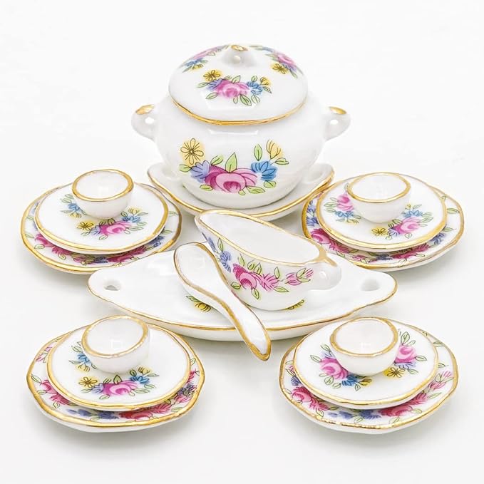 Odoria 1/12 Miniature Dish Dinnerware Set 17Pcs Dollhouse Decoration Accessories, Pink Rose