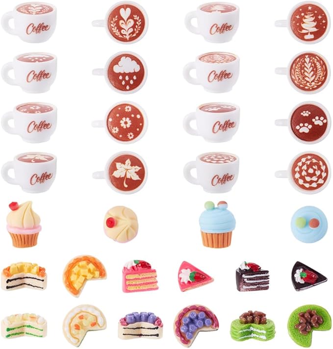 Cheriswelry 32Pcs Miniature Food Doll House Accessories Mini Resin Coffee Cake Decoration 16 Style 14-22mmfor Kitchen Play Party Tableware Desktop Decor