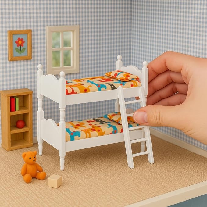 1/12 Scale Dollhouse Bunk Beds – Miniature Wooden Bed Set with Ladder, Realistic Mini Dollhouse Furniture Stuff Accessories, DIY Small Ornament Dolls Decor for Doll House, Tiny Wooden Bedroom