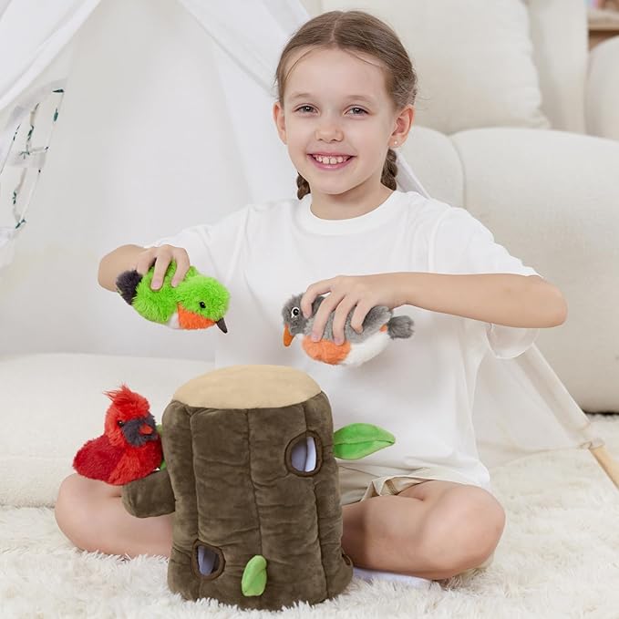 5Pcs Bulk Bird Stuffed Animal Set, Tree House Plush with 3 Small Bird Plushies(Robin, Hummingbird, Northern Cardinal) & 1 Egg, Magnetic Stuffed Tree Toys for Kids,Birders