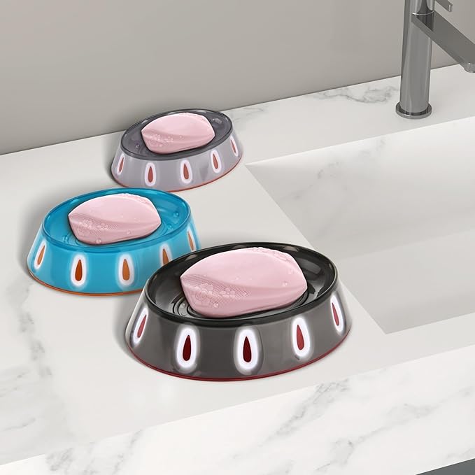 BQTBMU Soap Dish Set of 2, Cute & Modern Plastic Bar Soap Holder, 2-Pack Decorative Soap Tray with Internal Draining Ridges to Keep Soap Dry, for Bathroom Sink, Kitchen Sink (Ocean Blue/White/Orange)