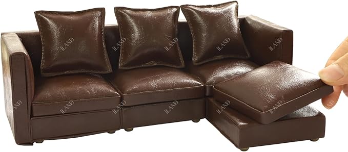 iLAND Dollhouse Furniture Miniature Sectional Couch Set for Doll House Décor Fit 1/12 Scale Accessories, Modern Brown Faux Leather Sofa Timeless & Classic