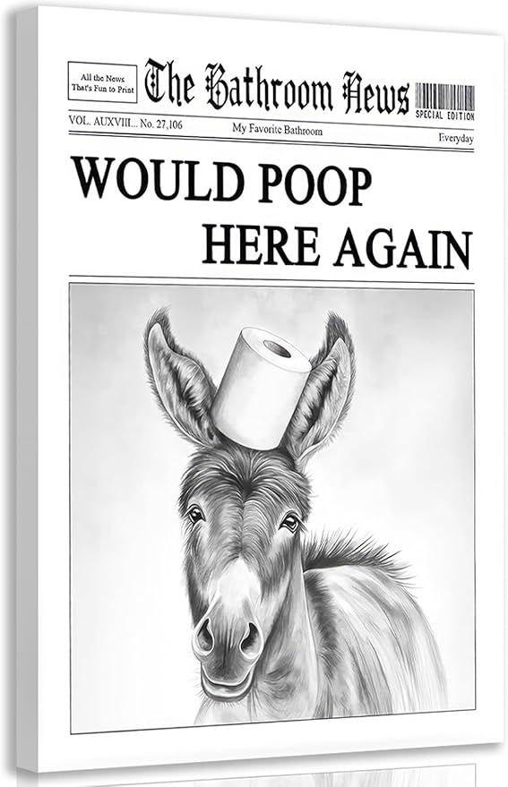 Black White Bathroom Silly Donkey Canvas Wall art Funny Donkey Toilet Paper On head Painting Picture Wall Decor Humorous Animals Poster Print Artwork for Toilet Bathroom Home Decoration 16x24in