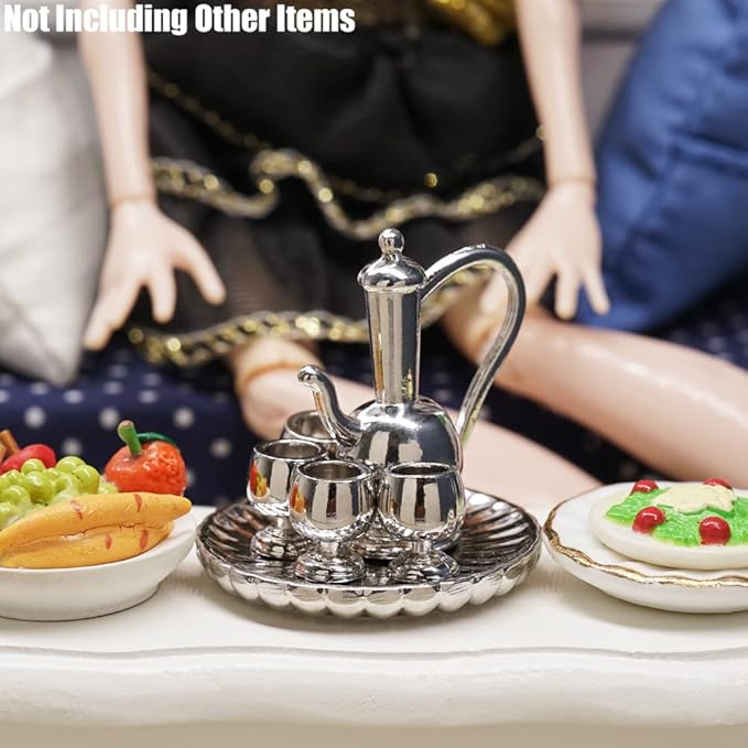 Odoria 1/12 Miniature Wine Flagon and Glasses Dollhouse Decoration Accessories, Silver