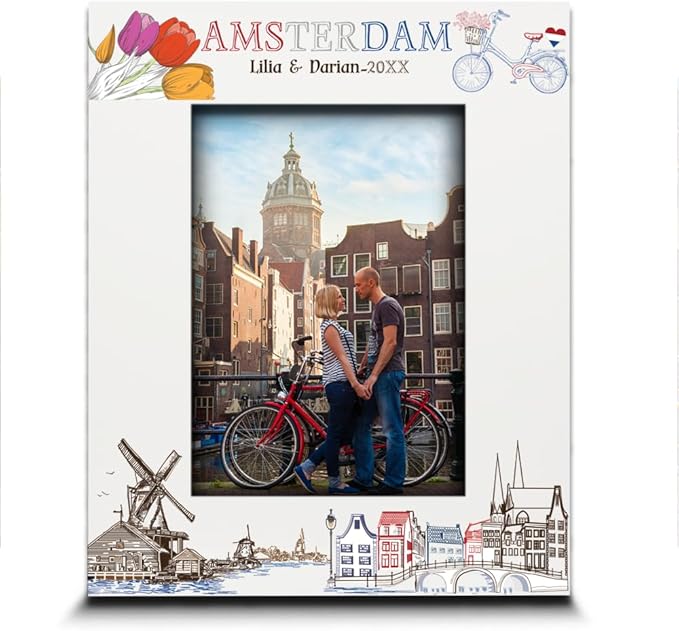 BELLA BUSTA-Personalized Europe Travel Picture Frame– Custom Amsterdam Photo Frame with City & Country-Honeymoon, Vacation, Adventure, Favor Keepsake (Amsterdam (5x7 Vertical))