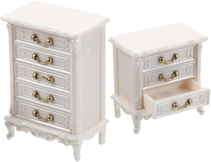 2pcs Miniature Dollhouse Cabinet Set - Wooden Mini Doll House Furniture for Model Accessories Tabletop Decor Props White