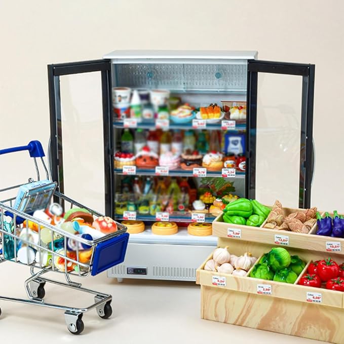 1/20 Scale Mini Food-Play Realistic Double-Door Fridge Model, Miniature Kitchen Supermarket Props, Pretend-Play Fridge Set (Dark Grey Refrigerator + 60 Random Items + Shopping Cart/Light-Up