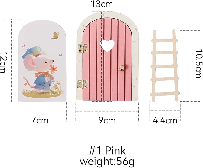 Christmas Mamimami Home Pink Wooden Magical Fairy Doors, 13cm 5.12 inch Elf Mouse Miniature Tiny Door Desk Fairy with Ladder, Tooth Fairy Door Handmade Decorations Gifts