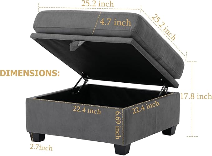 asunflower Ottoman with Storage for Couch Gray 25.2" Square Storage Ottoman Foot Rest for Living Room Large Ottomans for Dorm, Bedroom,Office with Deep Seating