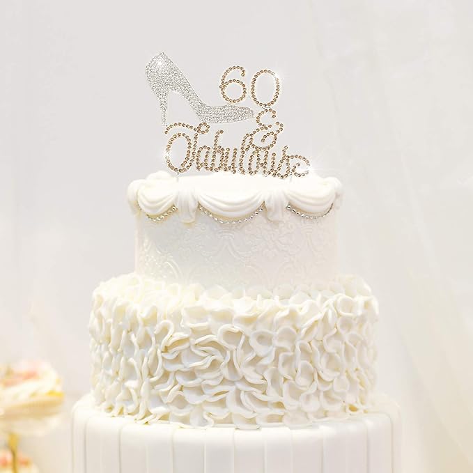 LINGTEER 60 Fabulous Silver High Heel Rhinestone Crystal Cake Topper Perfect for 60th Birthday Anniversary Party Keepsake Sparkle Decoration