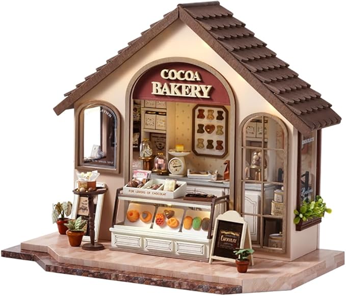 TuKIIE DIY Miniature House Kit with Furniture, 1:24 Scale Creative Room Mini Wooden Christmas Dollhouse Book Nook Plus Dust Proof & Music Movement for Kids Teens Adults(Leisurely Bakery)