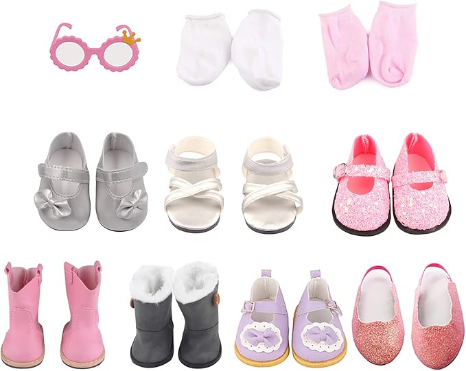 MSYO 19 Pcs Doll Shoes & Accessories for 18 Inch Dolls,7 Pairs Seasonal Styles with Doll Snow Boots/Sandals/Sequins/Shoes/ Socks/Glasses,Non-Slip Pretend Play Gift for Girls (Fits Standard 18 Dolls)