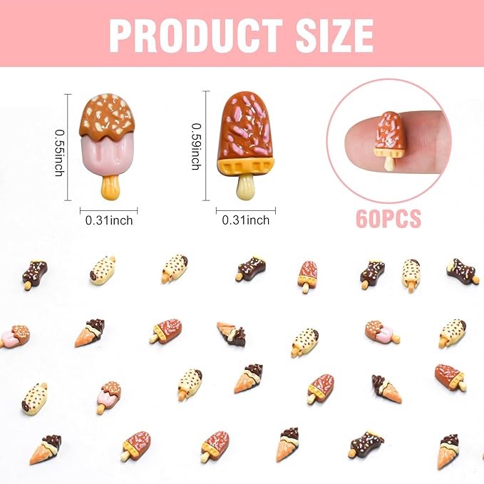 60 Pieces Mini Ice Cream Decor for Dollhouse Accessorie Mini Food Dessert for Crafts Tiny Resin Ice Cream for Dollhouse Mini Kitchen Micro Landscaping Decoration