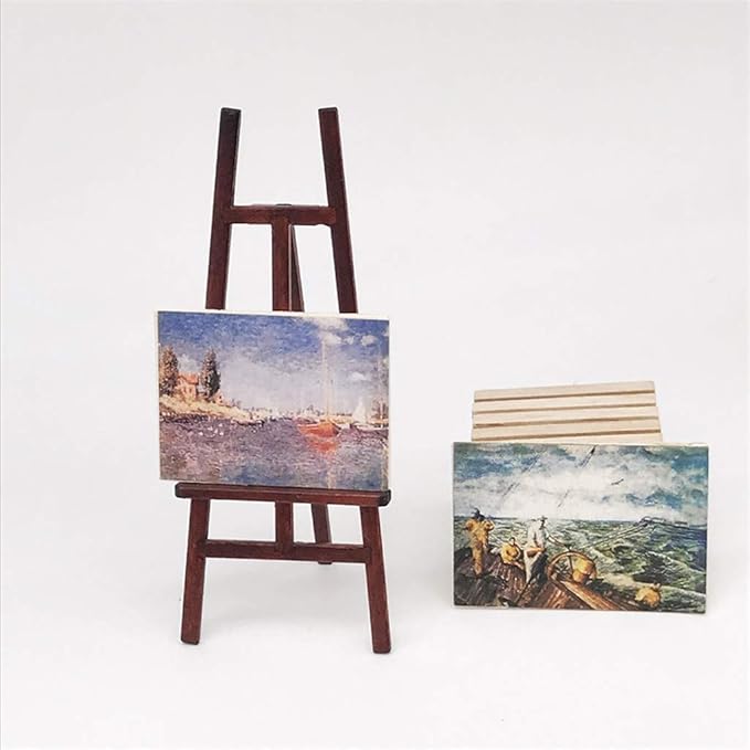 Dollhouse Decoration Accessories, 1/12 Dollhouse Miniature Wooden Easel Oil Painting Set Simulation Toys for Doll