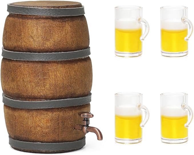 Odoria Dollhouse Beer Barrel and Mugs: 5Pcs 1/12 Scale Miniature Whiskey Aging Barrels for Rustic Garden Farmhouse Vintage Restaurant Bar Kitchen - Mini Drinking Liquor Alcohol Props DIY for Craft