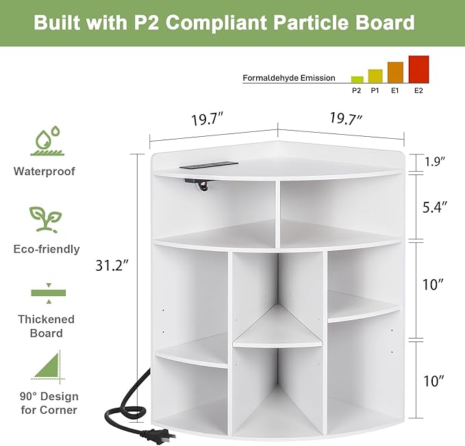 VECELO Corner Cube Shelf with USB Ports & Outlets, Modern Corner Toy Storage Rack with Adjustable Shlef, Wooden Display Bookshelf Bookcase for Living Room, Bedroom, Dining Room, Kitchen, White