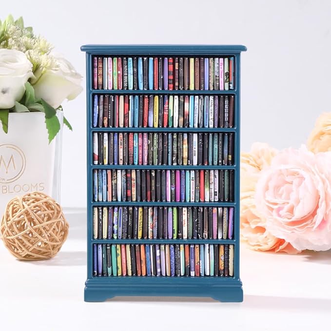 DIYDEC Mini Bookshelf with 180pcs Mini Books Miniature Blue Bookshelf Ornament Tiny Small Library Decor Shake Away Your Anxiety for Book Lovers Gift Home Room Office