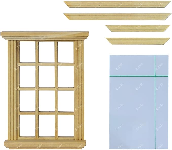 iLAND 1/12 Scale Accessories of Dollhouse Windows 4pcs, Solid Wood DIY Dollhouse Building Supplies, Complete Classic Miniature Windows Kit w/Wooden Frame & Acrylic Panel