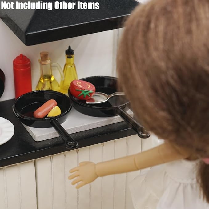 Odoria Dollhouse Frying Pan Miniature: 1/12 Scale Skillet Cookware for Kitchen Restaurant - Mini Kitchenware Cooking Utensils Metal Black 3Pcs