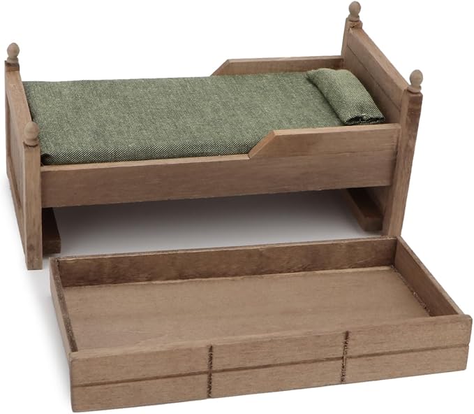 Dollhouse Miniature Bed with Drawer 1:12 Wooden Furniture European Bedroom Bedding Furniture Accessories with Pillow & Mattresses Vintage Floral Fabric Mini House Decoration (Brown)