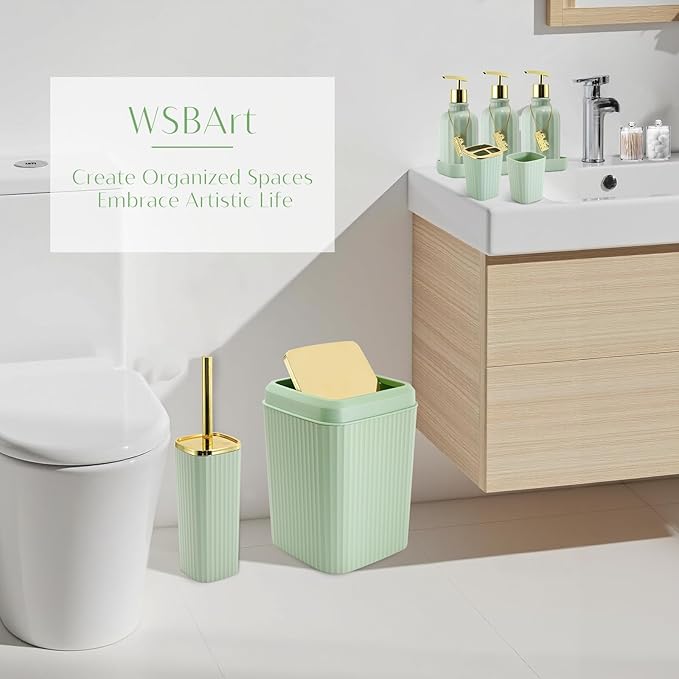 WSBArt 17PCS Bathroom Accessory Set Bathroom Set Green Bathroom Decor,Toilet Brush, Trash Can, Qtip Holder Dispenser& 3PCS Soap Dispenser