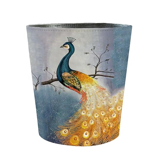 Scakbyer 10L/2.64 Gallon Trash Can, Decorative Waste Basket, PU Leather Waste Paper Basket, Waterproof Garbage Can for Bathroom, Bedroom, Office, Kitchen and Living Room - Peacock-6