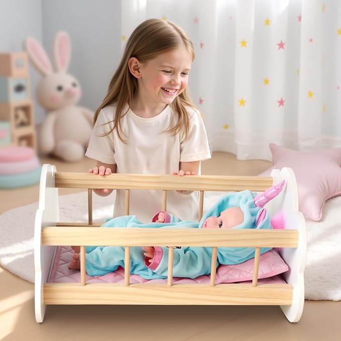 BABESIDE Wooden Baby Dolls Bed for 12-16 Inches Doll, Rocking Babys Doll Crib, Sleep Bed, Baby Dolls Accessories Furniture fit Newborn Dolls Boys Girls