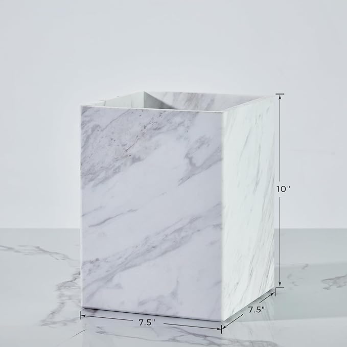 Modern Square White Marble Waste Basket, Natural Stone Bathroom Trash Can, Decorative Home Garbage Container, Beautiful Marble Look Rubbish Bin for Bathroom, Bedroom, Kitchen, Home Office