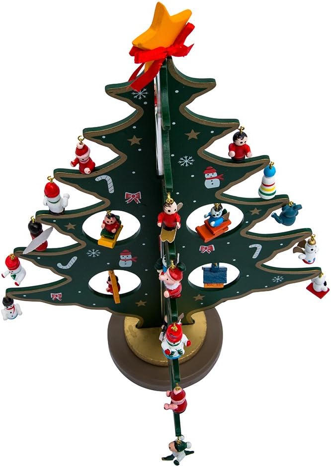Kurt Adler Advent Calendar Christmas Tree with 24 Miniature Wooden Ornaments, Multi Color 11.75in.