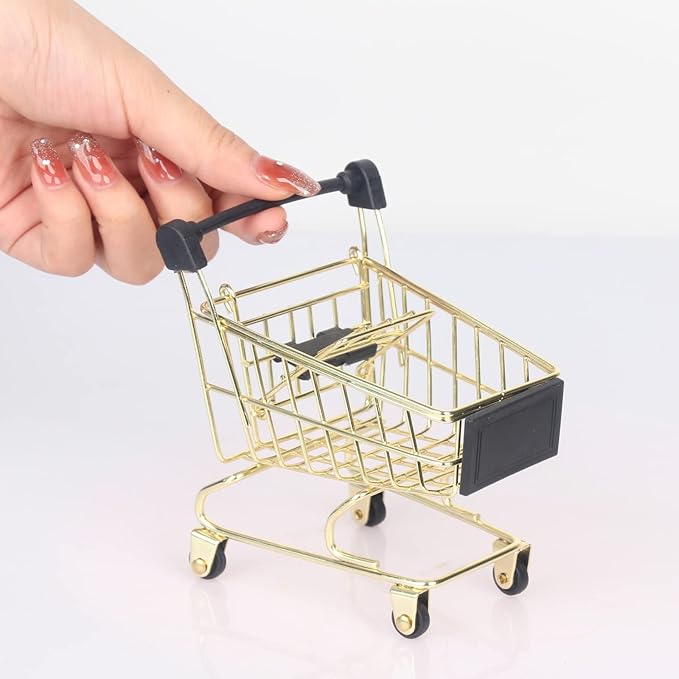 Mini Shopping Cart， Supermarket Handcart Mini Shopping Cart Mini Supermarket Storage Toy Decorative Ornaments for Storage Toys (Toy Shopping cart Gold)
