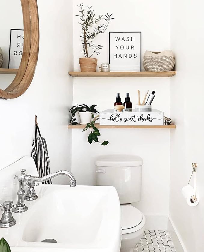 PZJIEAN Funny 2 Sides Hello Sweet Cheeks White Bathroom Decor Box with Handle, Farmhouse Bathroom Decor Box for Toilet Paper, Back of Toilet Organizer