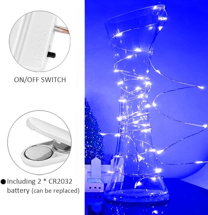 MUMUXI 16 Pack 10 ft Fairy Lights Battery Operated 30 LED Mini String Waterproof Silver Wire Firefly Starry Lights for DIY Wedding Party Mason Jars Christmas Decorations, Blue