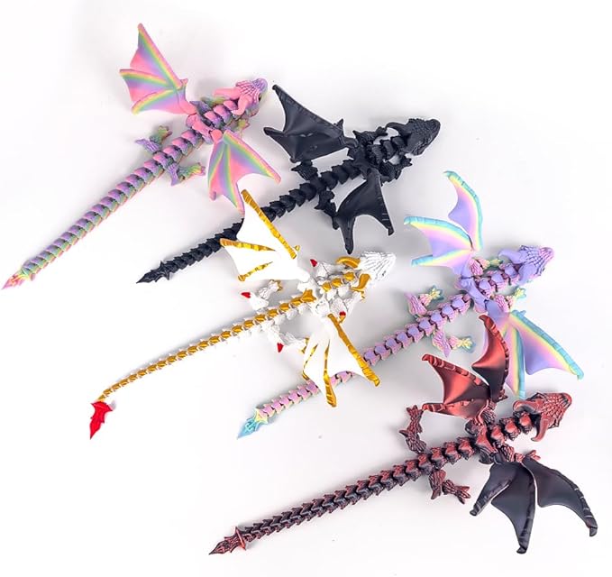3D Printed Dragon with Wings,3D Printed Animals Toys, Fidget Dragon Toys, Flexible Articulated Winged Crystal Dragon Model,Desktop Pet Deco (Black-Red)