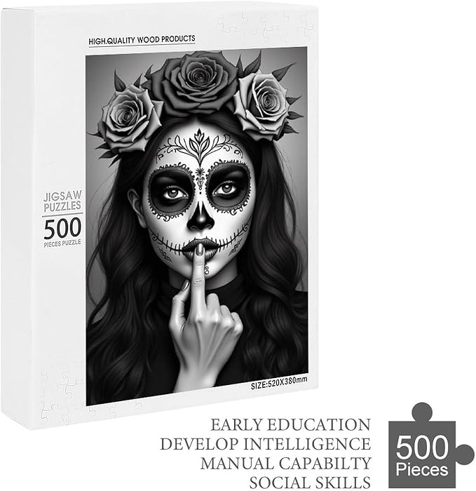 Jigsaw Puzzles for Adults 500 Piece - Gorgeous Sugar Skull Lady Day of The Dead Wooden Puzzle,Family Puzzles，Educational Games，Challenge Puzzles Puzzle Games,Stress Relief Games