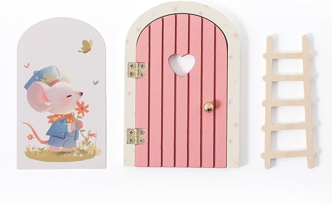 Christmas Mamimami Home Pink Wooden Magical Fairy Doors, 13cm 5.12 inch Elf Mouse Miniature Tiny Door Desk Fairy with Ladder, Tooth Fairy Door Handmade Decorations Gifts