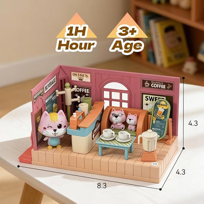 Koko's Cat Town DIY Miniature House Kit,Tiny House Cafes Building Kit,Dollhouse for 3 and up, Dollhouse Building Kit with Cats,Cat Toys Gift for Teens Kids Ages 3+