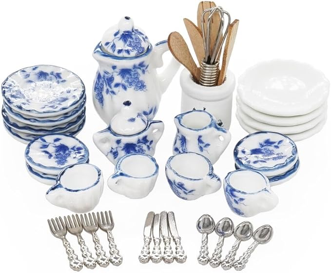 Odoria 1/12 Miniature Porcelain Tea Set Plates and Silverware Kitchen Utensils Dollhouse Accessories, Grapes