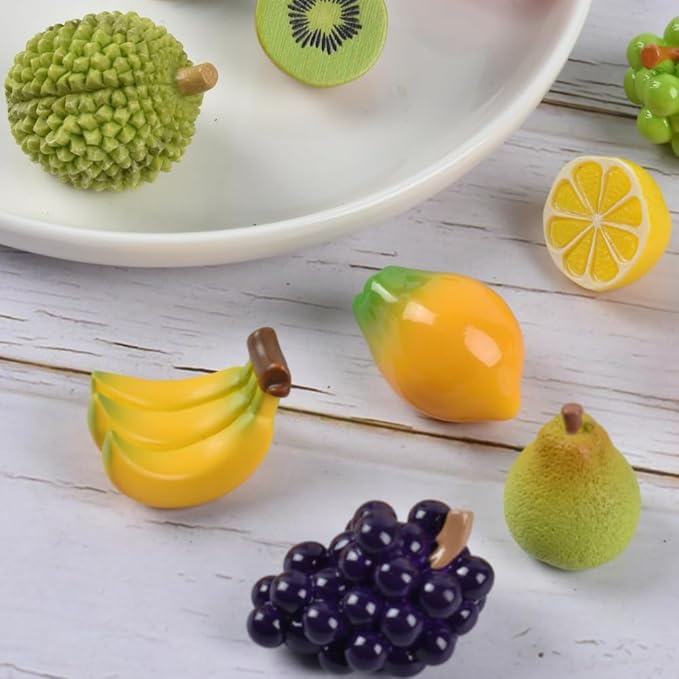 Mini Mixed Fruits 17Pcs, Artificial Fruit Miniature Resin Fruits Figurines Mini Fruit Models for Mini Kitchen Scene House Store Display Decoration