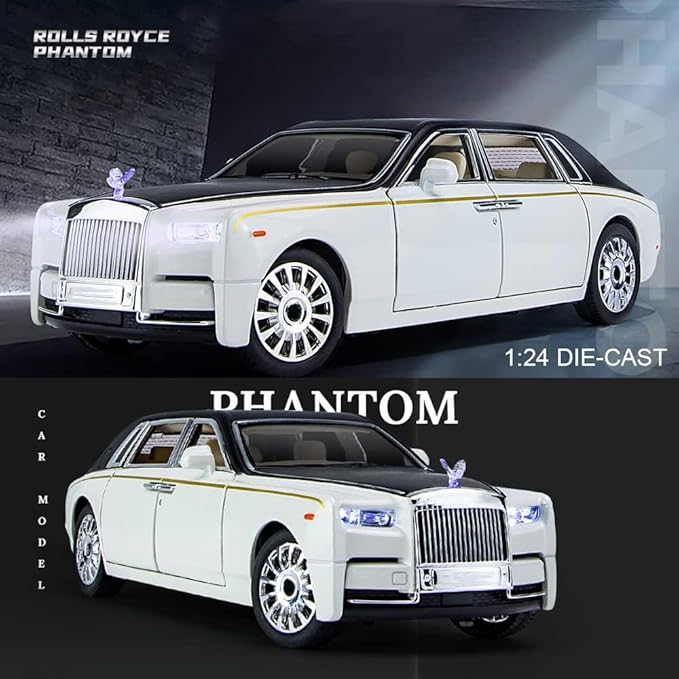 EROCK 1/24 Diecast Car Model Rolls-Royce Phantom Toy Car, Alloy Collectible Replica Pull Back Vehicles with Sound and Light for Kids Boys Girls Birthday Gift Phantom White