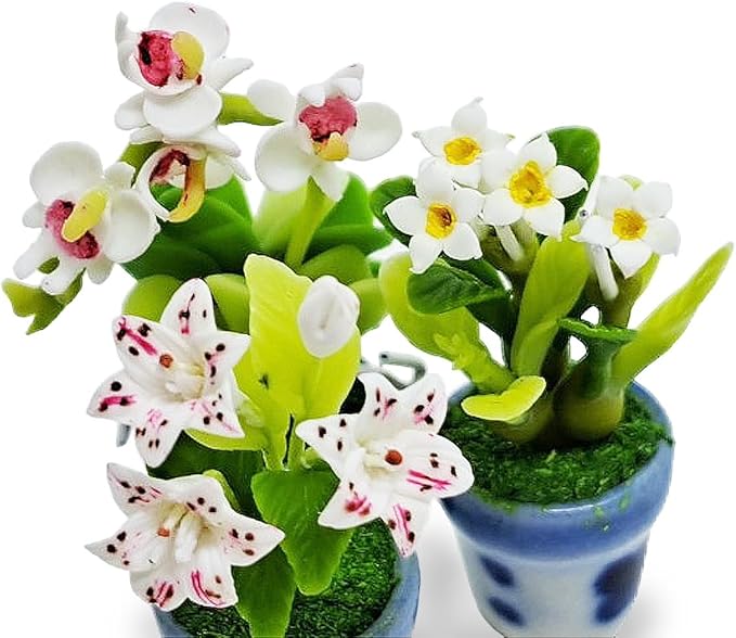 WitnyStore Tiny 1½" High 3 Pieces Set Lily Orchid Plumeria Hand Made Artificial Flowers Realistic Colorful Miniature Modelling Clay Flower Pots Brilliant Variety of House Plant Species Home Decoration