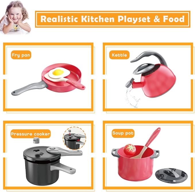 Bruvoalon 32Pcs Kids Play Kitchen Toys Set, Toddlers Pretend Cooking Playset Acccessories with Pots Pans, Utensils Cookware, Foods, Canned Veges, Learning Gift for Kids Girls Boys (Red)