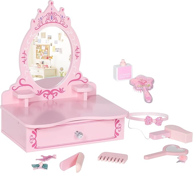 BRINJOY Wooden Vanity Set for Kids, Toddler Tabletop Beauty Salon Play Set w/Accessories & Drawer, Princess Makeup Pretend Play Vanity Table Toy with Crown Shaped Mirror for Little Girls Age 3-8