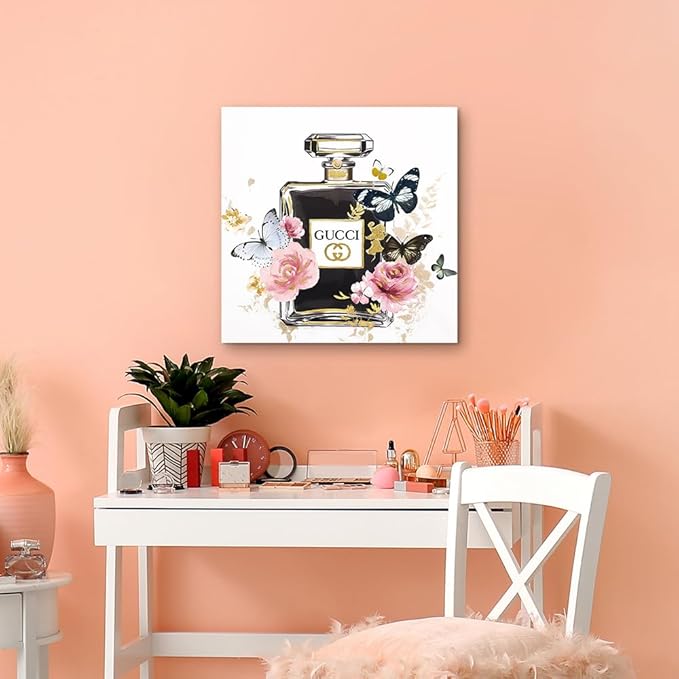 Dream Land Perfume Bottle Canvas Wall Art: Fashion Pink Flower Painting 20x20 Gold Foils Artwork for Women Bedroom